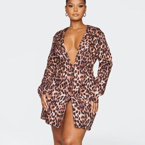 PrettyLittleThing Plus Brown Satin Leopard Print Oversized Blazer Dress 2x 20